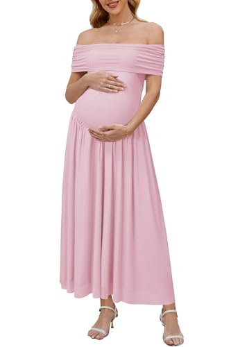 OUGES Women's 2025 Summer Spring Off The Shoulder Mesh Maxi Maternity Baby Shower Dresses for Photoshoot Party Wedding Guest Sleeveless Pleated Formal Long Flowy Pregnancy Must Have Clothes(Pink,M)