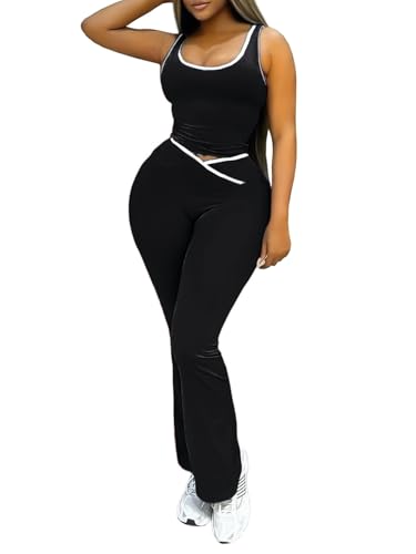 XZLUFNY Workout Set Fitness Clothing Sexy V-Cut Back Sleeveless Vest Top and Bare Midriff Tummy Control Pants Black L
