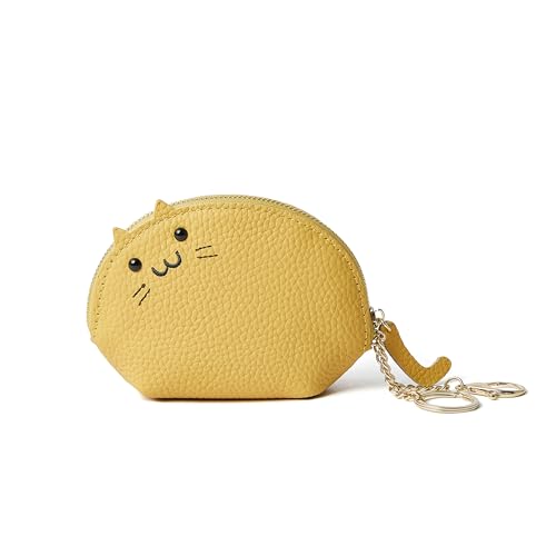 Doris&Jacky Leather Zipper Coin Purse Lovely Cat Design Coin Pouch And Wallet With Keychain (3-Light Yellow)