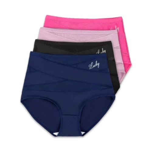 Letter print contrast mesh cross high waisted briefs, 4 packs of women's pure cotton body shaping buttocks briefs(A,Medium)