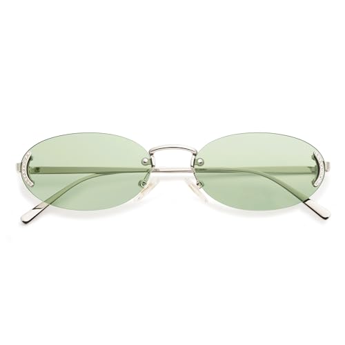 SOJOS Trendy Oval Rimless Sunglasses for Women Retro Y2k Sunnies with Rhinestones SJ1227, Silver/Green