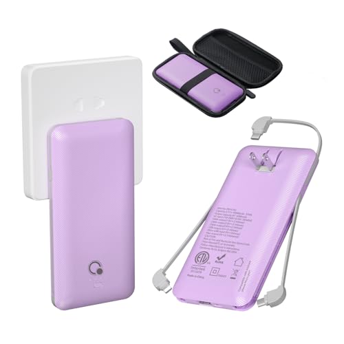 Q 10000mAh Power Bank, Slim Portable Charger,4 Output External Battery Pack with Built-in AC Wall Plug Micro USB C 3 Cables Compatible with iPhone Samsung Android Phone Tablet and More