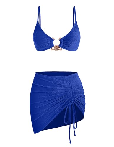 seamoly Ruched Beach Cover Up 3 Piece Swimsuits for Women Ribbed Velvet Bikini Sets with Sarong Wraps Bathing Suit Royal Blue
