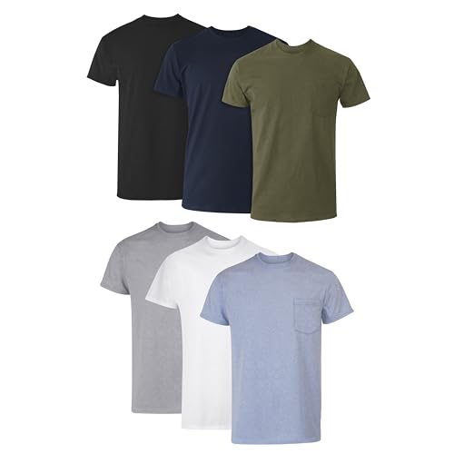 Hanes Men's T-Shirt, Moisture-Wicking Cotton Crewneck Pocket Tees, 6-Pack, Grey Heather, Black, Hiker Green Heather, White, Navy, Blue Heather