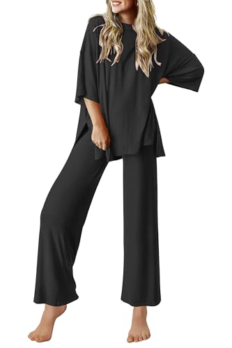 Ekouaer Lounge Sets for Women Short Sleeve Tops and Long Pants Soft Comfy Pajamas Set 2 Piece Outfits,Black,S