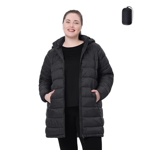 HHE Plus Size Women Packable Puffer Jacket 1X-6X Water-Resistant Lightweight Coat Detachable Hood(Exclusively for Plus Size)(Black,2X)