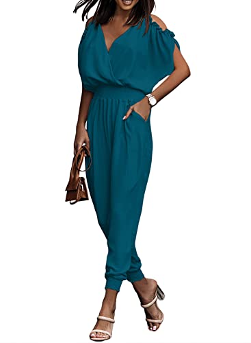 Dokotoo Jumpsuits for Women Dressy One Piece Sexy Long Pants Smocket Waist Cold Shoulder Cruise Outfits Open Back Outfits for Summer Plus Size,Green XX-Large