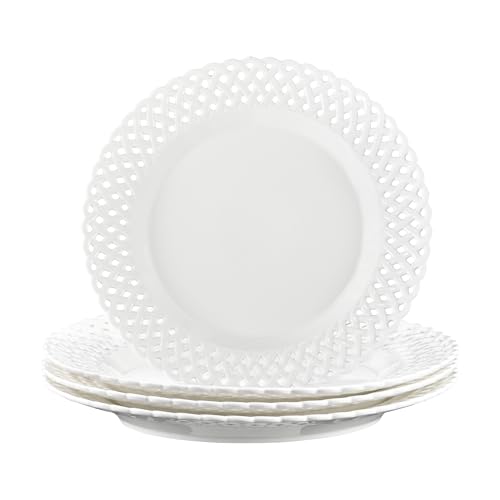 Large White Dinner Plates 12 inch, Ceramic Dinner Plates Set of 4, Basketweave Wide Rim Stackable Hotel Value Round Coupe Shape for Restaurant, Kitchen, Party, Home, Gifts, Microwave Dishwasher Safe