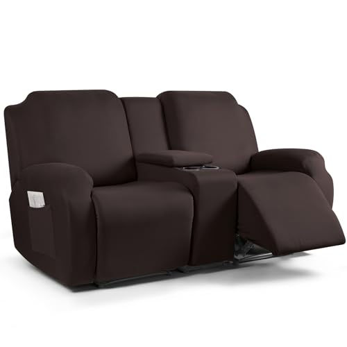 TAOCOCO Reclining Loveseat with Middle Console Slipcover, 4 Piece Polyester Fabric Stretch Loveseat Reclining Sofa Covers (Coffee, 2 Seat Recliner Cover with Console)