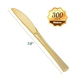 FOCUSLINE 300 Pack Disposable Gold Plastic Knives, Solid and Durable Plastic Cutlery Knives, Heavy Duty Disposable Utensil Silverware for Catering, Parties, Dinners, Weddings