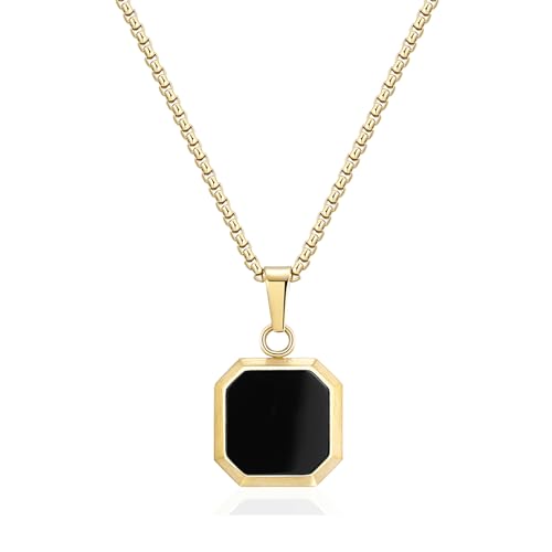 Phyonio Black Onyx Necklace for Men 14K Gold Plated Pendant Necklaces Mens Womens Stainless Steel Square Necklace with 18+2 Inch Box Chain