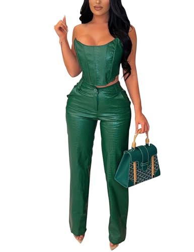 WOKANSE Women's Sexy PU Faux Leather 2 Piece Outfits Tube Crop Tops and Casual Straight Leg Trousers Long Pants Set Green S
