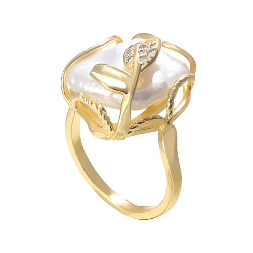 HETICA Irregular Pearl Ring Adjustable Baroque Pearls Leaf Shape Rhinestone Rings Jewelry Gift for Women
