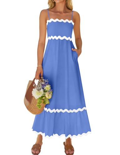 ZESICA Women's 2025 Summer Spaghetti Straps Sleeveless Backless Sundress Flowy Smocked Lace Swing A Line Midi Dress,SapphireBlue,Small