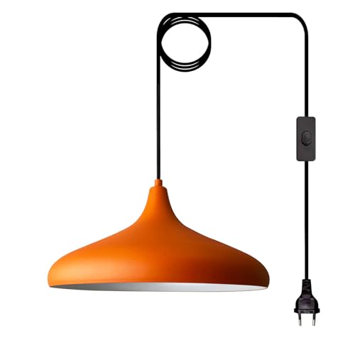 bamyum Champion Ceiling Lights Living Room Kitchen, Metal Ø 13,7" E26 Orange-White, 39,3" Adjustable Plug in Pendant Light Fitting with On/Off Switch Light Shade, Industrial Retro Lampshade