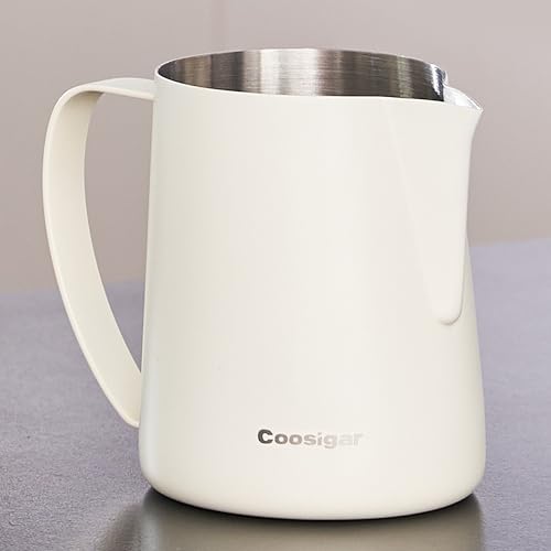 Coosigar Milk Frothing Pitcher 600ml/20oz,304 Stainless steel Espresso Steaming Pitcher,milk frother cup,Milk Jug Cup,Latte Art(cream white)