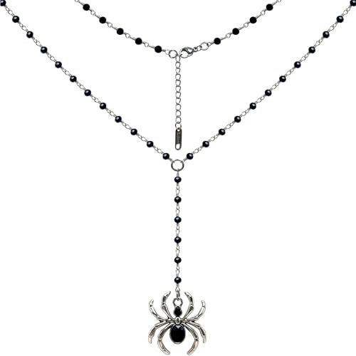 TAMAWire Gothic Spider Necklace, Black Zinc Alloy Layered Beads for Women, Goth Jewelry