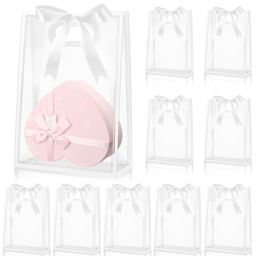 Aliceset 12 Pcs Clear Plastic Gift Bag with Die Cut Handles Reusable PP Flower Bag with Ribbon for Wedding Bridal Birthday Baby Shower Party Business, 7x10x3.15 Inch(White)