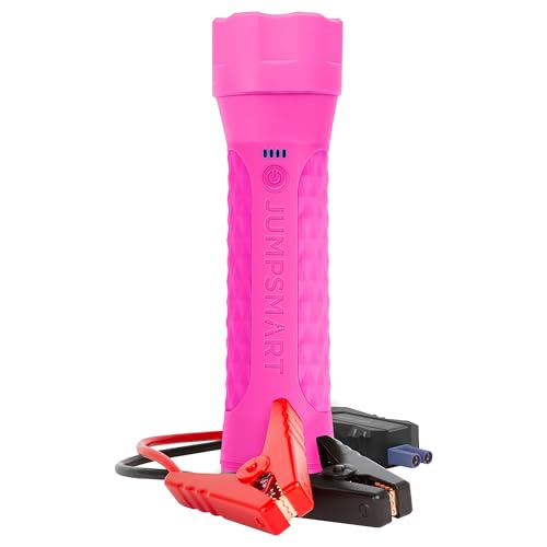 JumpSmart 10-in-1 Portable Car Jump Starter, Powerful 29600 mWh Lithium Battery 800A Peak 12V (Up to 8-Cylinder, 7.0-Liter Gas), 4-Mode 330 Lumen LED Flashlight & Power Bank (Hot Pink)