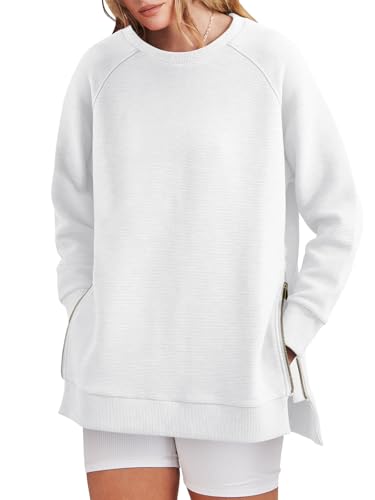 ANRABESS Womens Oversized Sweatshirt Crewneck Long Sleeve Tunic Pollover Shirt Side Zipper Hoodie Sweater 2025 Spring Clothes White X-Large