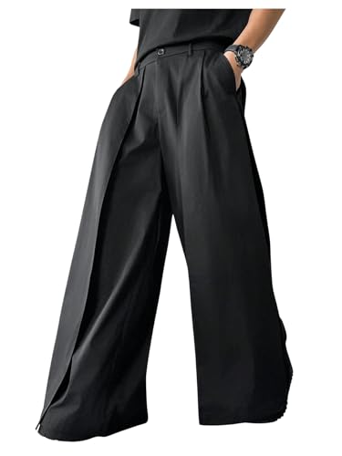 OYOANGLE Men's Baggy Wide Leg Pants Zipper Fly Pleated Trousers Business Casual Dress Pants with Pocket Black Small
