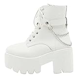 CYNLLIO Women's Ankle Boots Chain Gothic Platform Boots White Chunky Heel Booties