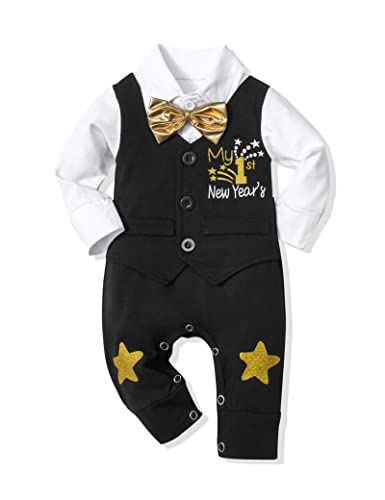 AGAPENG My 1st New Year Baby Boy Outfit - Gentleman Romper Jumpsuit with Bow Tie, Black (3-6 Months)
