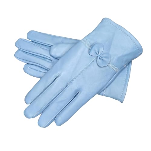 Ealafee Wrist Length Sexy Blue Leather Gloves Warm Mitten Full Fingers Warm Gloves for Girls
