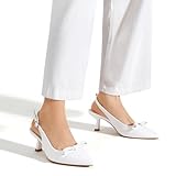 Greatonu Women's White Bow Tie Kitten Heels Slingback Pumps Pointed Toe Low Heel Dress Heeled Shoes Size 8