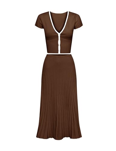 Tanming Women's Two Piece Skirt Set Casual Short Sleeve Crop Top Ribbed Knit Midi Pleated Skirt(Brown-XS)