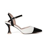 Lucibenita Low Heels for Women Closed Toe Two-Tone Black and White Dress Shoes Kitten Heel Pointed Toe Comfortable Adjustable Ankle Strap 8