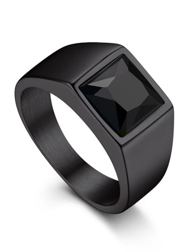 Bandmax Mens Stainless Steel Signet Rings Pinky Ring 8MM Princess Cut Black Onyx Ring for Men Women Gemstone Cocktail Ring Size 9
