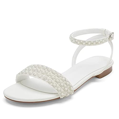 YWXYMGE Beach Wedding Shoes for Bride Flat Bridal Sandals for Women-Ivory-9.5