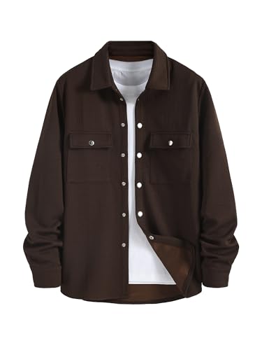 ZAFUL Men Casual Long Sleeves Flannel Shirt Solid Texture Button Up Retro Shirt with Pocket Tops (Brown L)