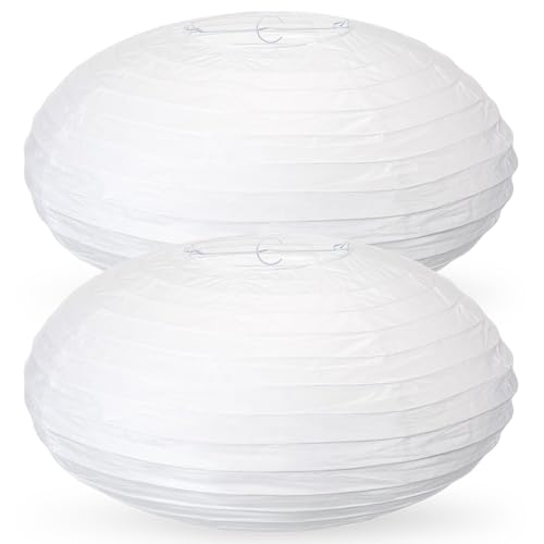 Retisee 2 Pcs Oval Paper Lanterns Pendant Lamp Shade Hanging Chinese Japanese Lantern China Ball for Party Supplies Bridal Shower Decoration Anniversary Birthday, Easy to Assemble (White,16 Inch)