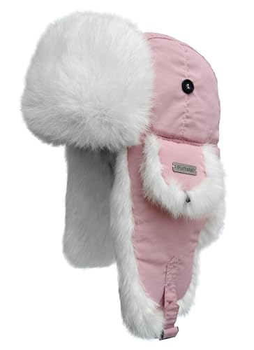 Winter Trapper Hat for Men Women 100% Real Rabbit Fur Russian Fur Winter Ushanka Hat Men Aviator Hat Mens Trapper Hat with Ear Flaps Pink
