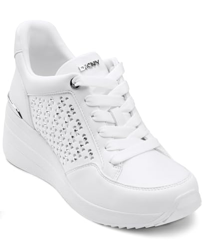 DKNY Women's Kalinda Studded Lace Up Wedge Sneaker, Bright White, 8
