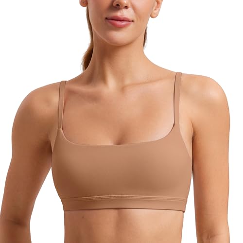 CRZ YOGA Womens Butterluxe Adjustable Spaghetti Strap Sports Bra - Scoop Neck Wireless Padded Yoga Workout Crop Top Gravel Beige Medium