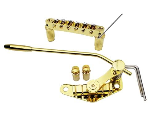 Guyker Guitar Bridge Stop Bar Tailpiece Tremolo TM85 and GM005 Tune-O-Matic Roller Saddle Bridge Combo Replacement Part Compatible with Les Paul LP SG 6 String Electric Guitars, Gold