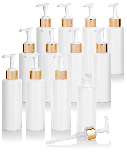 4 oz / 120 ml White Plastic HDPE Refillable Cylinder Squeeze Bottle with Gold Lotion Pump (12 Pack)