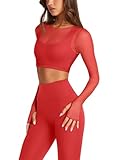 LASLULU Womens Long Sleeve Double Lined Tops Sexy Sheer Mesh Compression Shirts Tight Athletic Workout Shirts Yoga Dance Bra Tops(Red Medium)