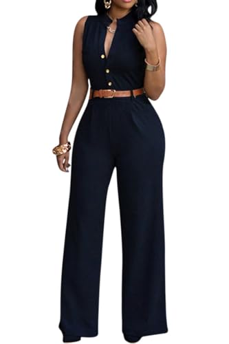 Pink Queen Womens Jumpsuits Elegant Button Loose Long Wide Leg Jumpsuits Romper (XL, Black)