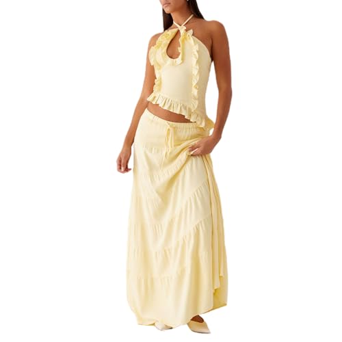 Women Ruffle Maxi Skirt Set Halter Ruched Crop Top Flowy Long Skirt Y2K 2 Piece Outfts Going Out
