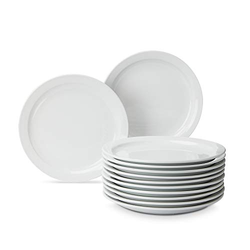 Amazon Basics 12-Piece Porcelain, 9 Inch Narrow Rim Dinner Plate Set, White (Previously AmazonCommercial brand)