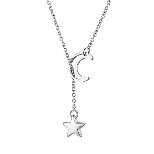 FOCALOOK Long Necklaces for Women Stainless Steel Drop Star Moon Pendant Y Shaped Lariat Necklace