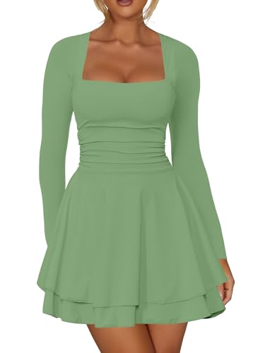 Kaximil Women's Square Neck Ruffle Hem Mini Dress Ruched Waist Long Sleeve Corset Short Party Dresses, X-Large, Pea Green