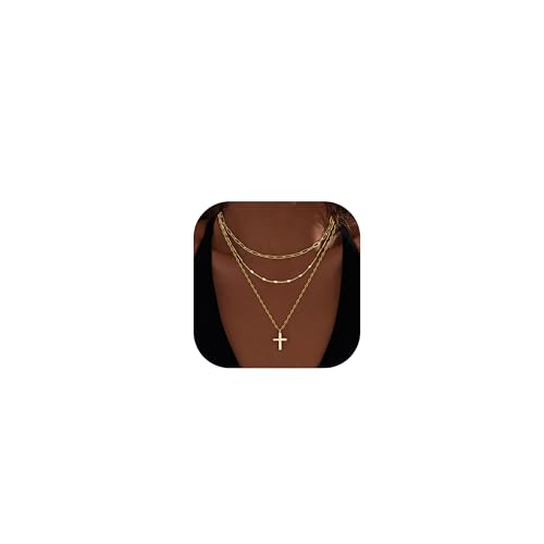 Gold Layered Necklaces for Women,14k Gold Plated Dainty Stackable Choker Necklaces for Women,Trendy Layering Thin Cross Paperclip Chain Pendant Jewelry Set Gifts