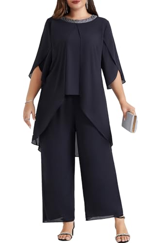 Hanna Nikole Mother of The Bride 2 Piece Pant Set 3/4 Sleeve Formal Wedding Guest Dress Plus Size Pant Suits for Women Dressy Dark Gary 22W