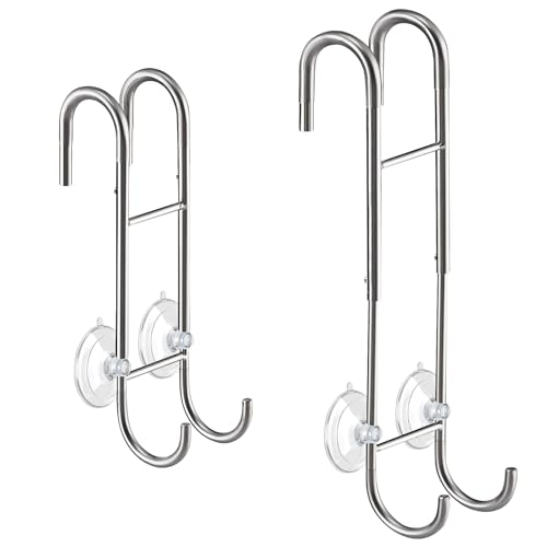 Shower Door Towel Hooks - 9"~13" Length Adjustable Hook for Framed & Frameless Over The Door Glass, Squeegee Holder, Towels Hanger for Bath Suits Rozer Robes Loofahs Shavers, 2-Pack Silver