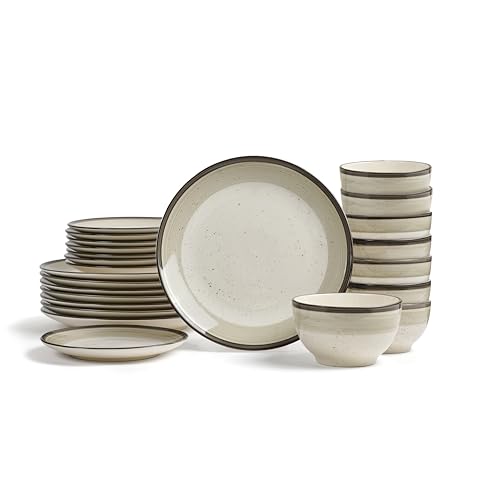 Earth & Clay Harlow 24-Piece Dinnerware Set Earthenware, Stoneware Dish Set for 8, Plates and Bowls Set, Microwave and Dishwasher Safe, Beige